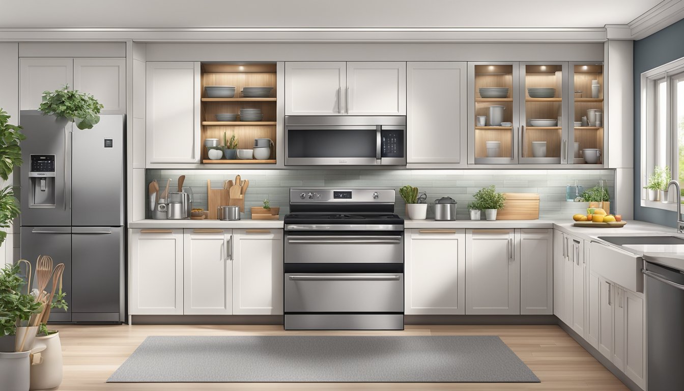 A modern kitchen with a sleek bottom freezer refrigerator prominently displayed, surrounded by various kitchen appliances and utensils