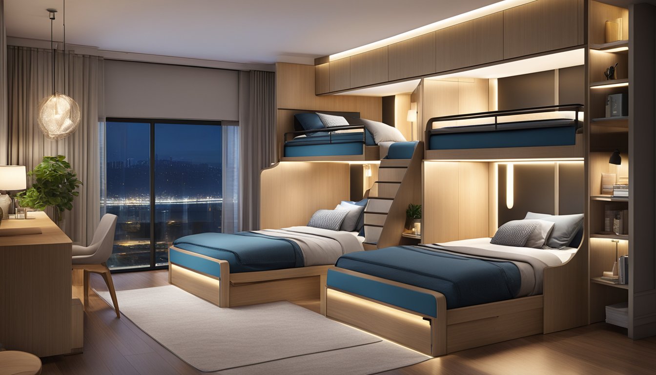 A queen size bunk bed in a modern Singapore bedroom, with sleek design and integrated storage, illuminated by soft ambient lighting