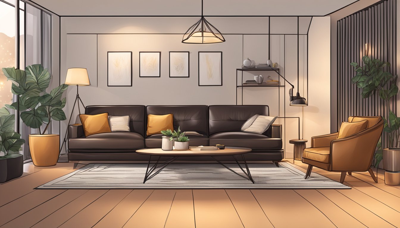 A cozy living room with a sleek leather sofa as the focal point, surrounded by warm lighting and modern decor