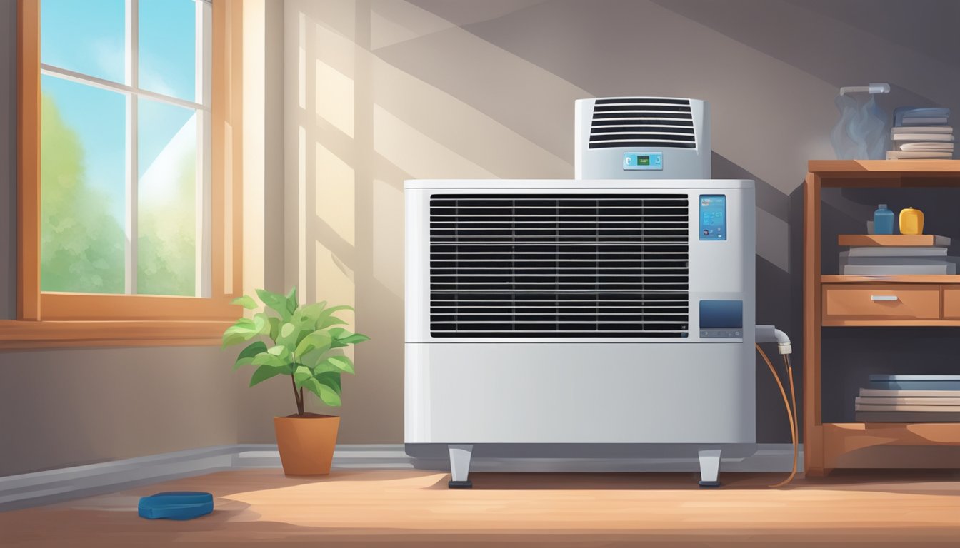 An air conditioner blows warm air, with ice forming on the evaporator coils. The thermostat is set to a low temperature but the room remains hot