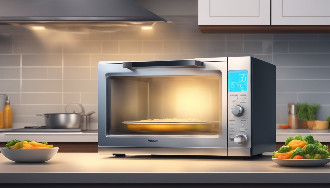 A microwave oven sits on a kitchen counter, its digital display glowing. A plate of food rotates inside as steam rises from the hot meal