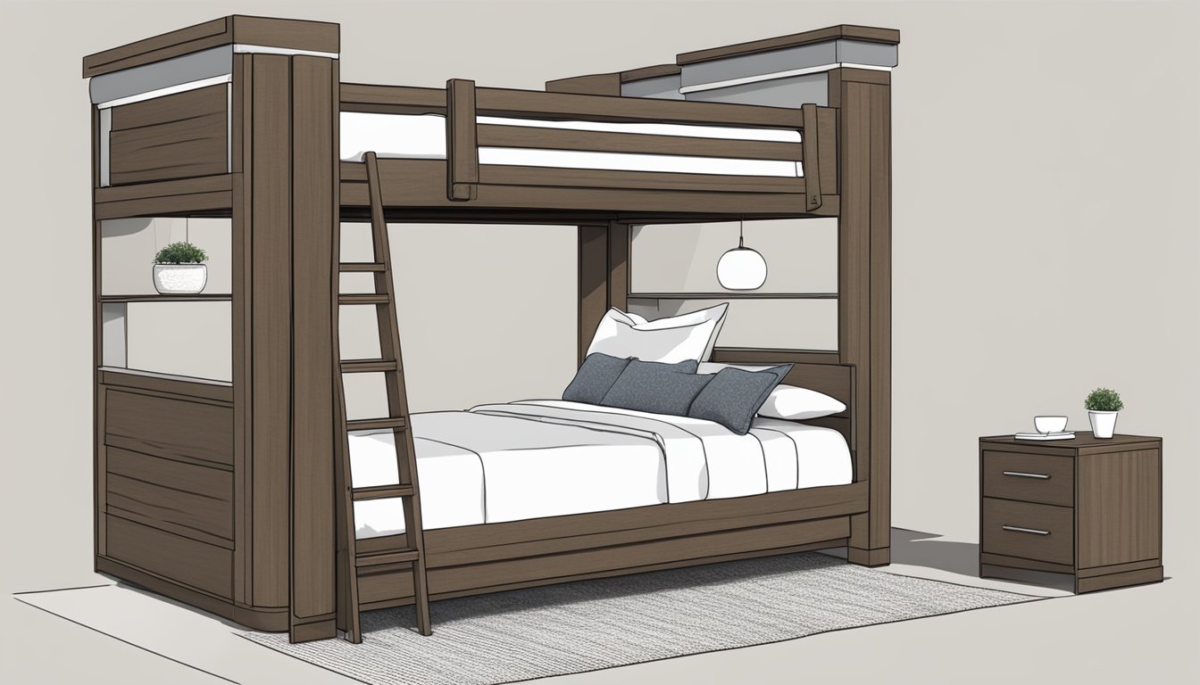 A modern queen size bunk bed with plush bedding and sleek design