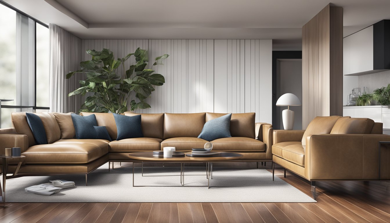 A sleek, full leather sofa in a modern living room, exuding luxury and durability