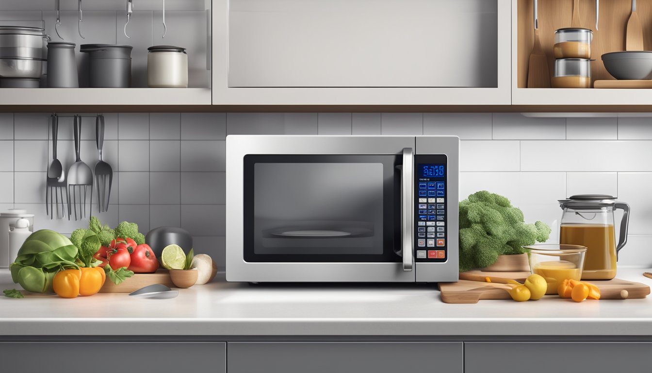 A microwave oven with a digital display sits on a kitchen countertop, surrounded by various cooking utensils and ingredients