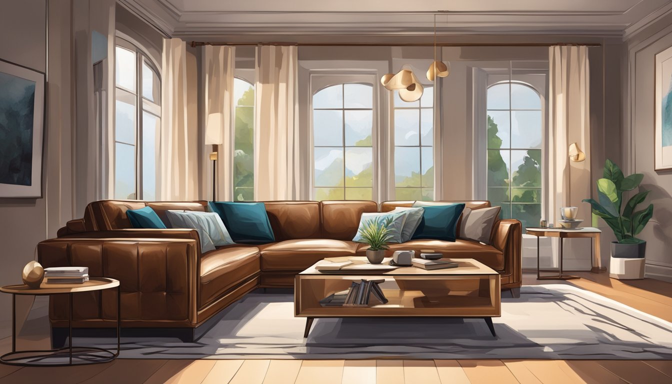 A luxurious leather sofa sits in a well-lit living room, surrounded by elegant decor. A stack of magazines and a remote control rest on the coffee table in front of it