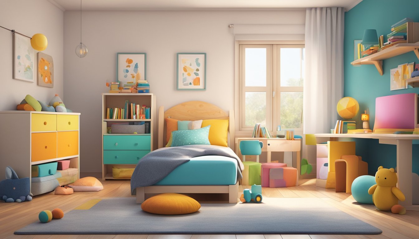 A cozy bedroom with colorful, sturdy children's beds and soft, inviting bedding. Toys and books are neatly organized nearby, creating a warm and playful atmosphere