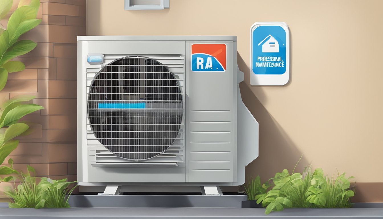 An air conditioner with a "Professional Maintenance and Repairs" sticker is blowing warm air instead of cooling