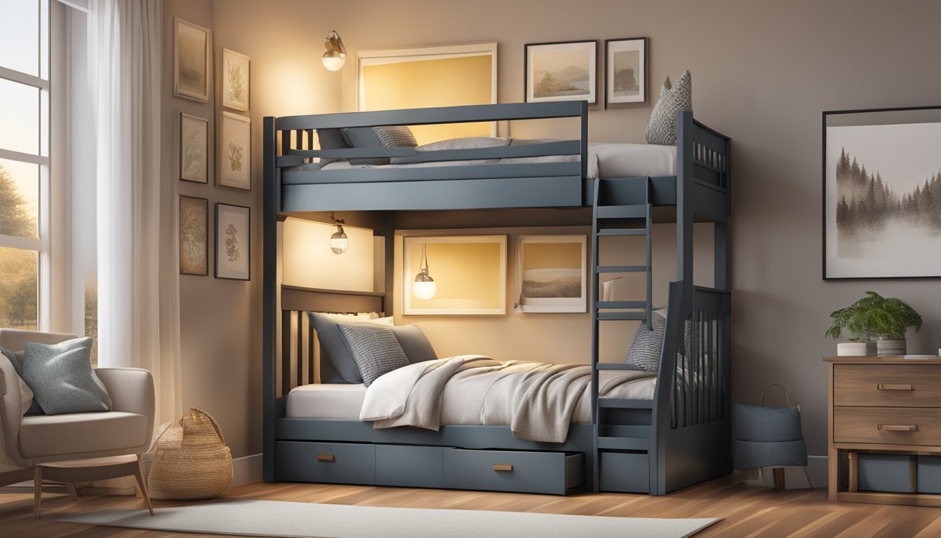 A queen size bunk bed with ladder, safety rail, and storage drawers, set in a cozy bedroom with soft lighting and neutral decor