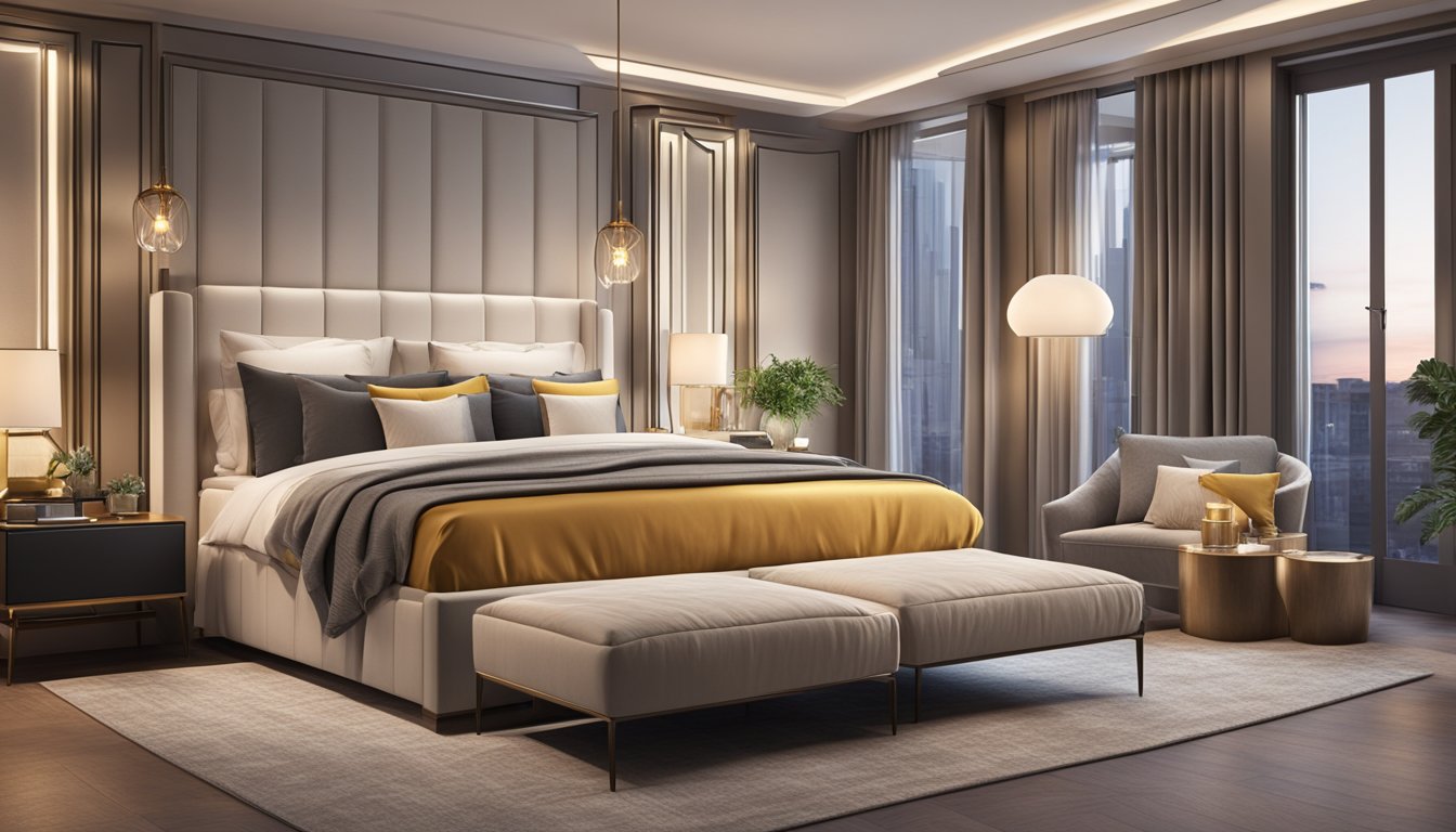 A luxurious divan bed sits in a stylish bedroom, adorned with elegant bedding and surrounded by modern furniture. The room is bathed in soft, warm lighting, creating a cozy and inviting atmosphere