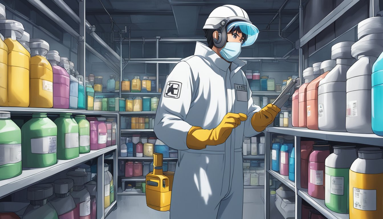 A technician wearing protective gear labels and organizes chemical containers in a well-ventilated, designated area