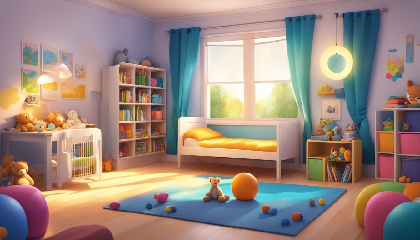 A colorful bedroom with a cozy, themed children's bed surrounded by toys, books, and stuffed animals. Bright light streams in through a window, illuminating the inviting space