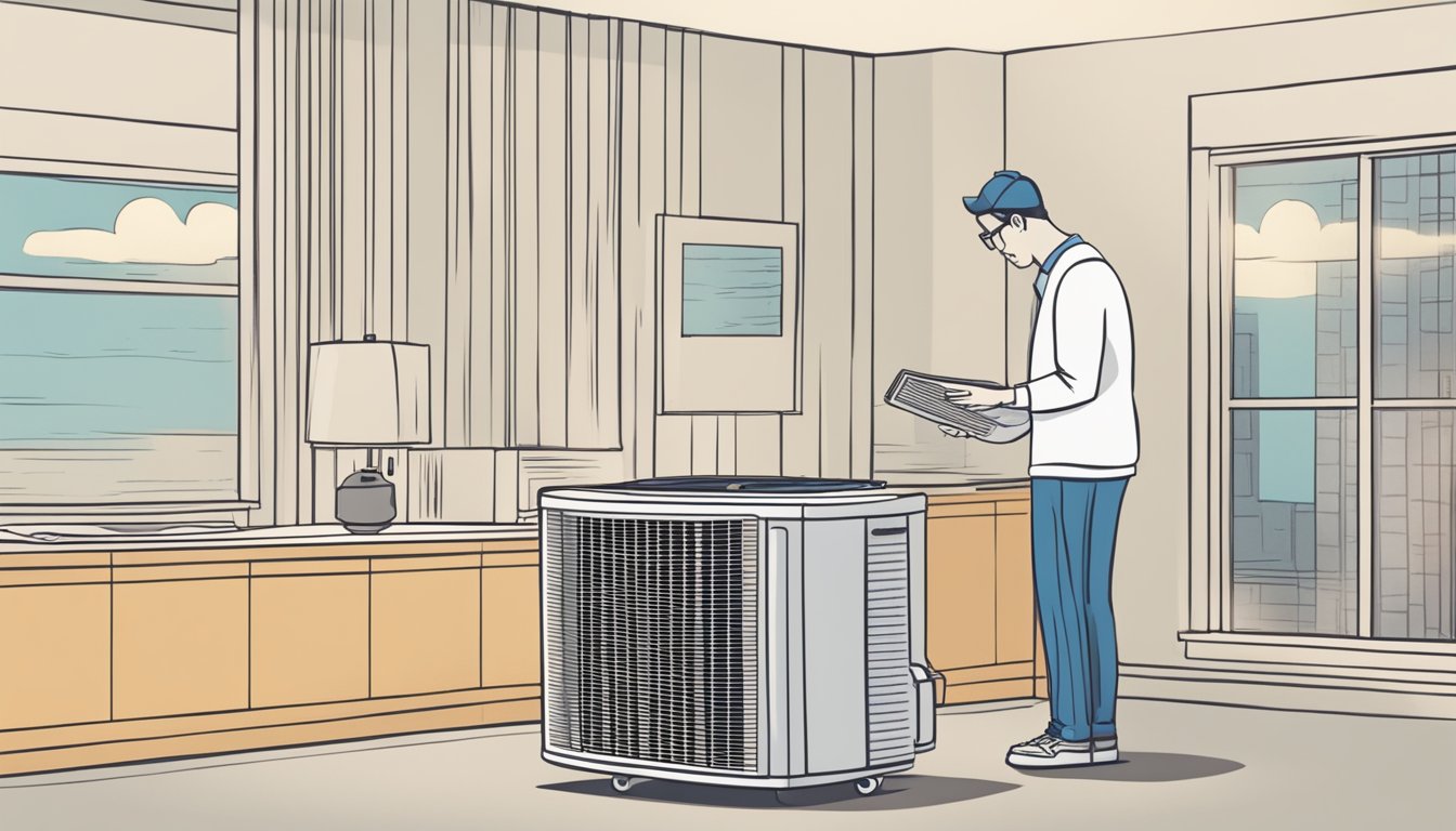 An air conditioner emitting warm air while a person looks frustrated and searches for solutions in a manual