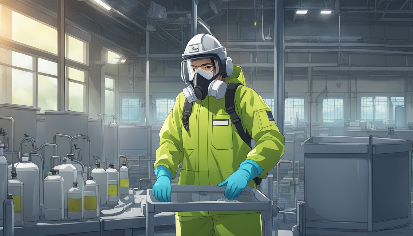 A technician wearing PPE while handling chemicals in a well-ventilated area with spill containment and emergency eyewash station nearby