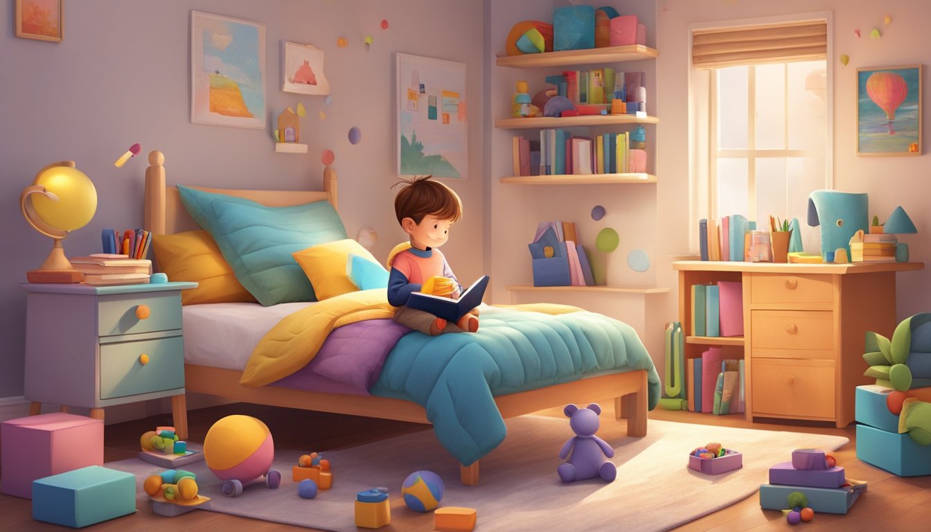 A child sits on a cozy bed, surrounded by colorful toys and books. The bed is sturdy and well-crafted, with a cheerful design