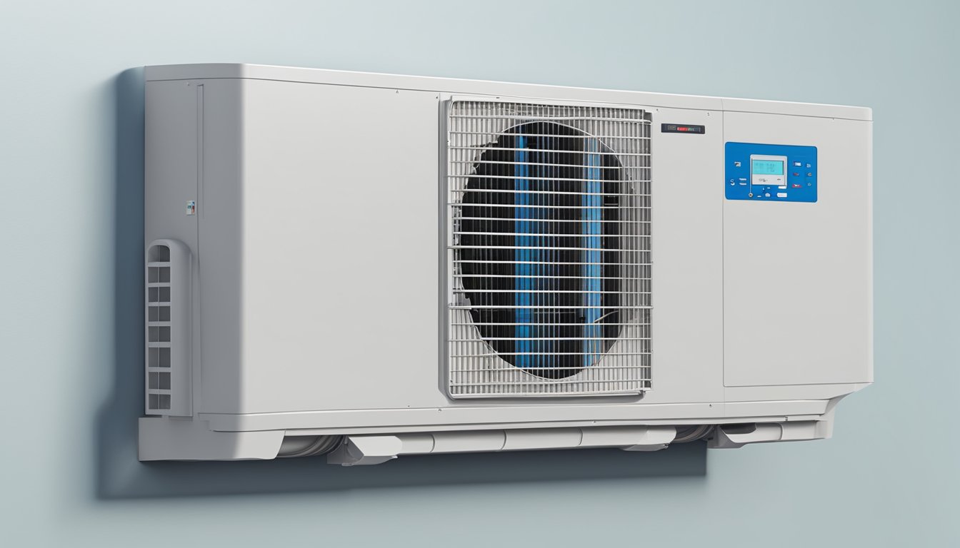 A large 18000 BTU air conditioner unit mounted on a wall with vents and control panel visible
