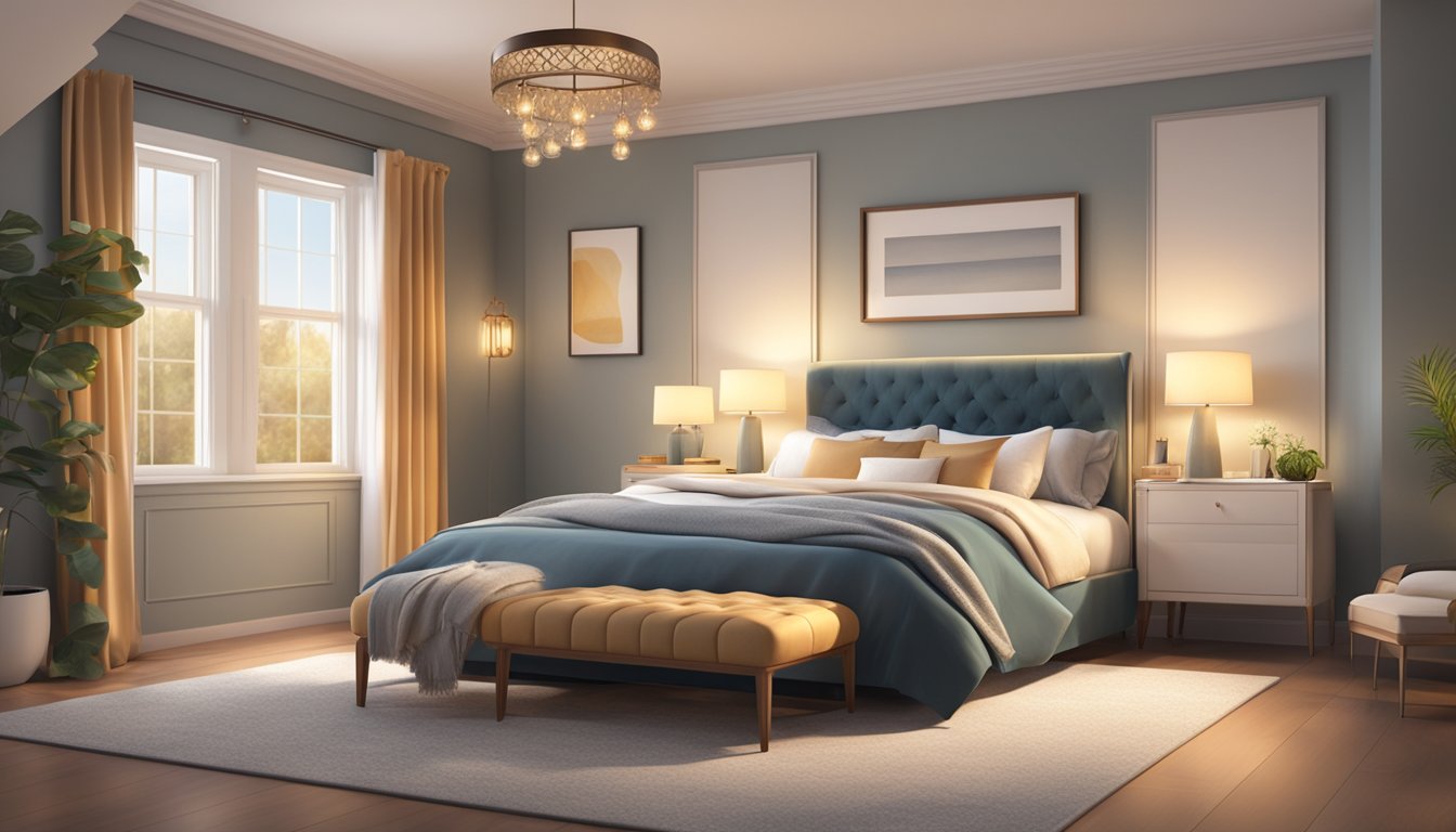 A cozy bedroom with a plush divan bed, soft pillows, and luxurious bedding. Warm lighting and decorative accents create a serene and inviting atmosphere