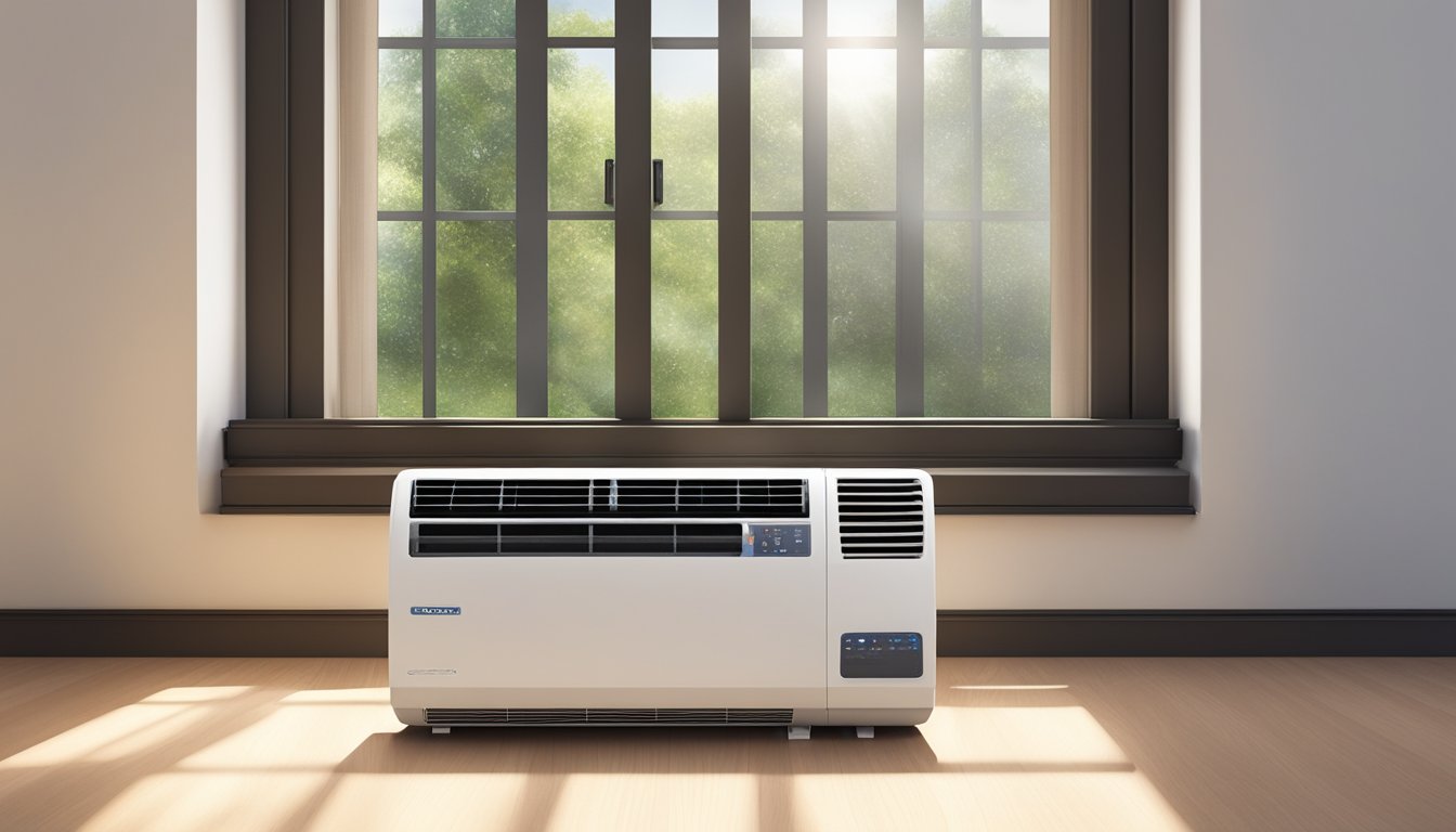 A 18000 BTU air conditioning unit sits on a windowsill, blowing cool air into a sunlit room. The unit's vents are open, and the control panel displays the current temperature