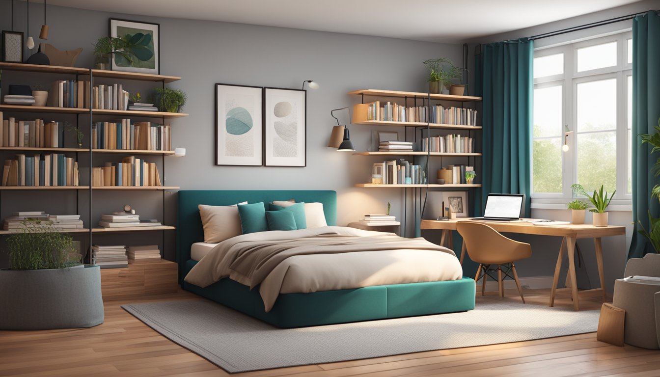 A cozy bedroom with a stylish divan bed, surrounded by shelves of books and a sleek desk with a laptop