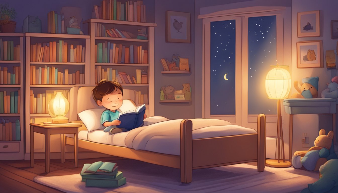 A child happily sleeping in a cozy bed with a bookshelf filled with children's books and a soft nightlight glowing in the background