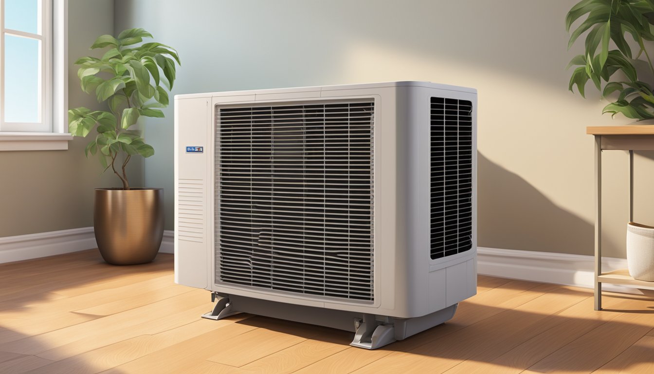 A large 18000 btu air conditioner unit with a "Frequently Asked Questions" manual beside it, set against a backdrop of a warm, sunny room