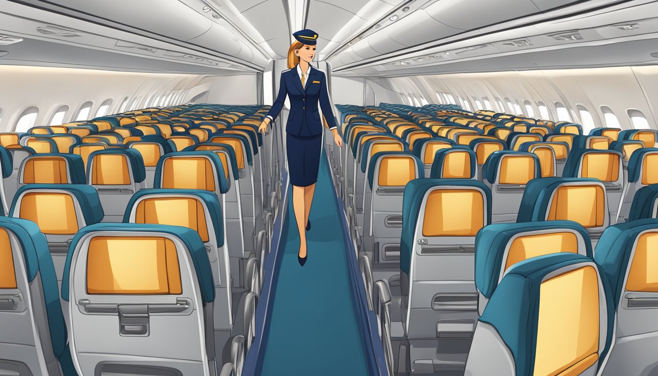 A flight attendant in uniform stands in the aisle of a commercial airplane, demonstrating safety procedures to passengers. The cabin is filled with rows of seats and overhead compartments