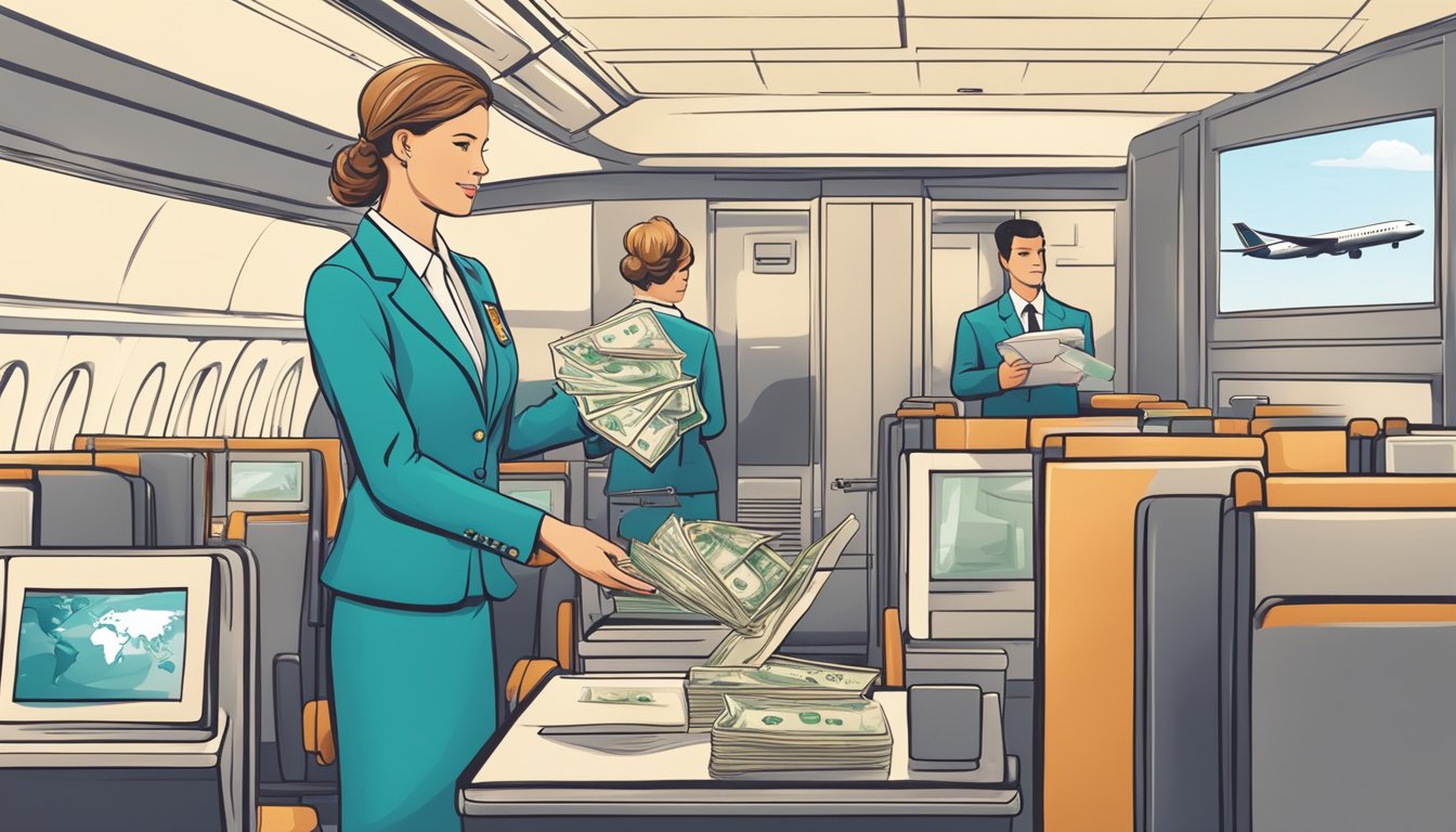 A flight attendant's pay is influenced by various factors. Illustrate a scene with a scale representing pay, alongside symbols of experience, location, and airline