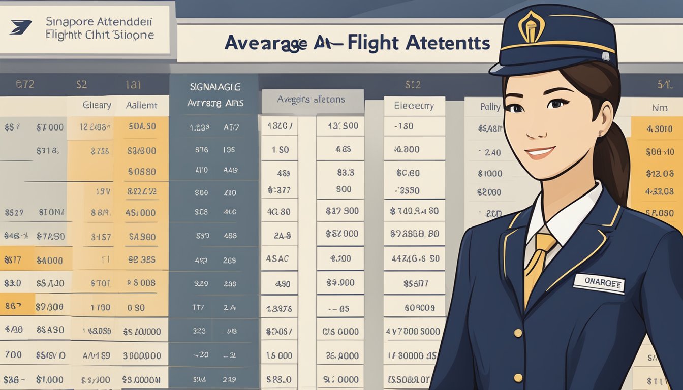 A flight attendant in a Singapore Airlines uniform stands in front of a salary range chart, with the words "Average Salary Range for Flight Attendants in Singapore" displayed prominently