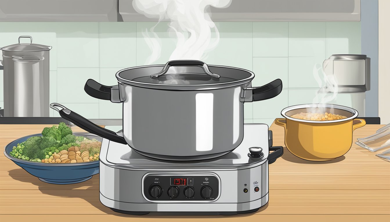 A Toyomi double boiler sits on a stovetop, with steam rising from the top pot as it gently heats and melts ingredients below