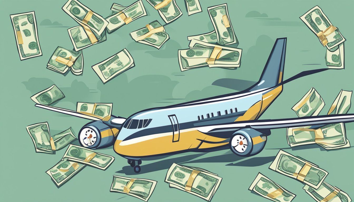A flight attendant's salary is depicted through a stack of cash with a plane in the background, symbolizing additional earnings