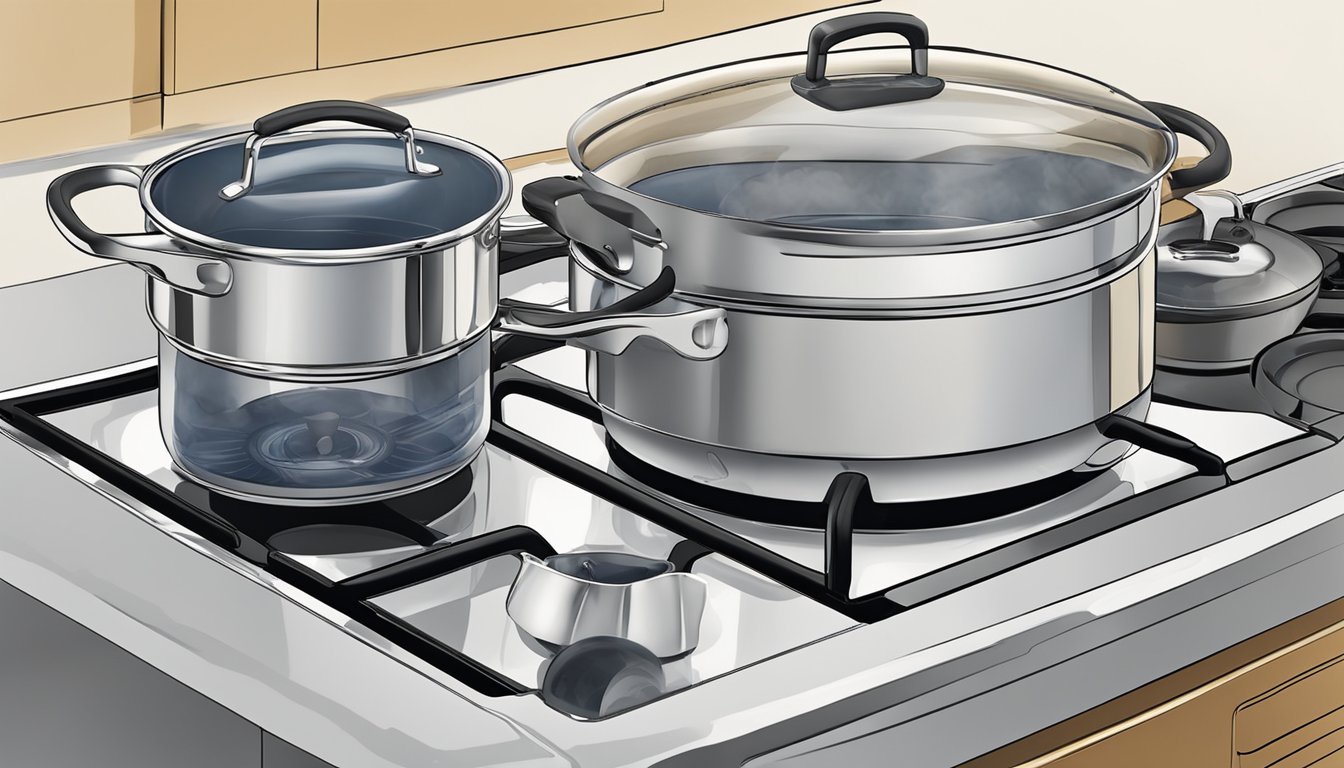 A double boiler sits on a stovetop, with two pots stacked neatly. Steam rises from the top pot, indicating gentle, even heat distribution. The handles are cool to the touch, ensuring safe and easy handling