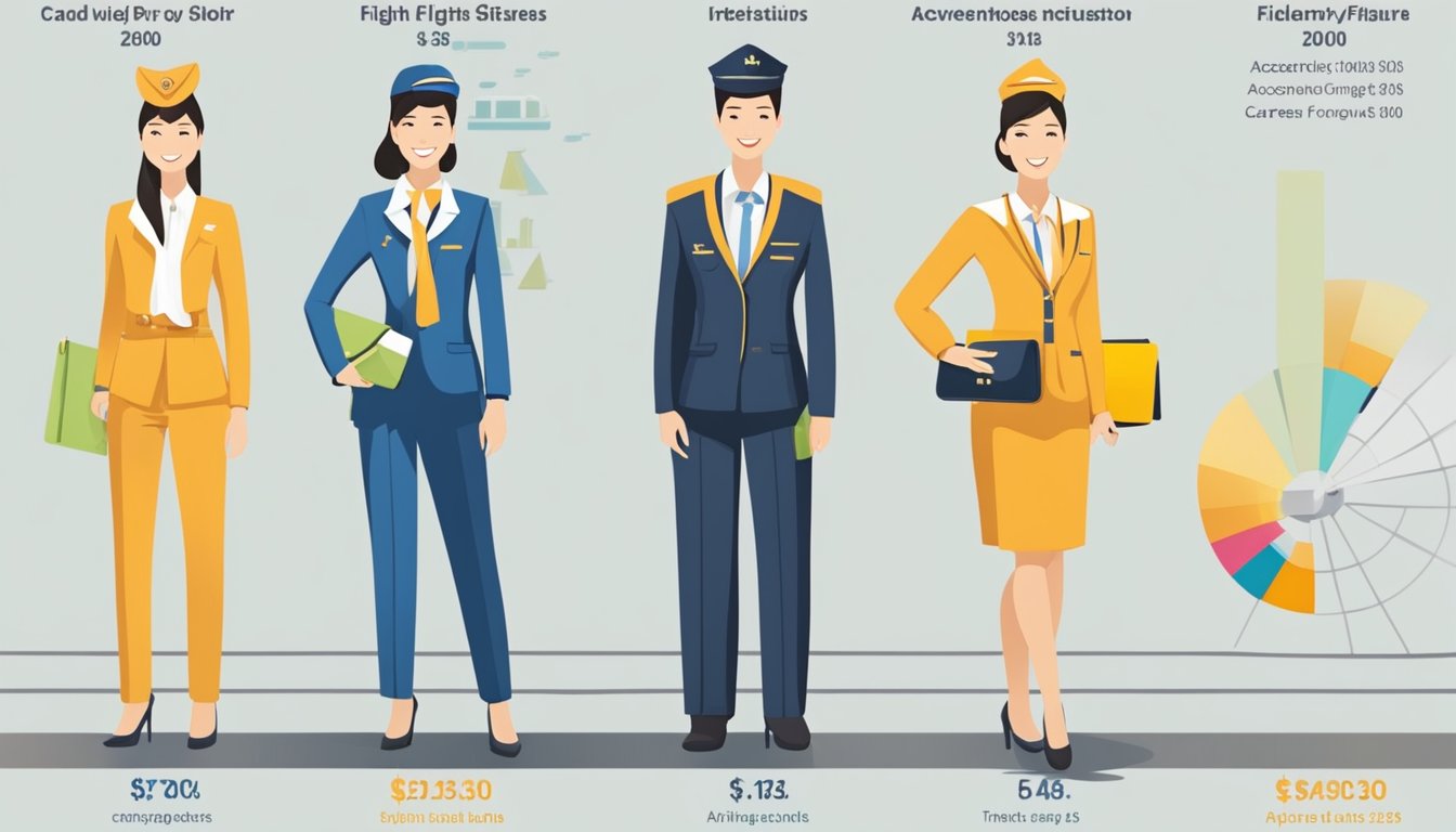 A flight attendant's career progression and salary growth in Singapore, depicted through a series of ascending salary figures and career milestones