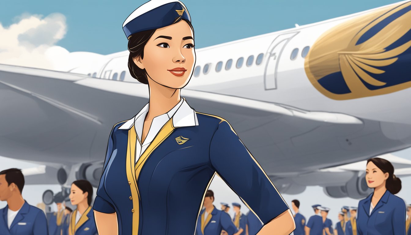 A flight attendant in uniform stands in front of a Singapore Airlines plane, with other aviation workers visible in the background