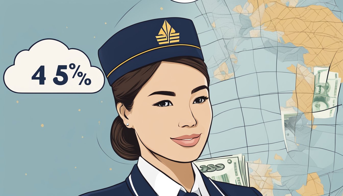 A flight attendant in a Singapore Airlines uniform stands in front of a salary chart, with a thought bubble showing a dollar sign and question mark