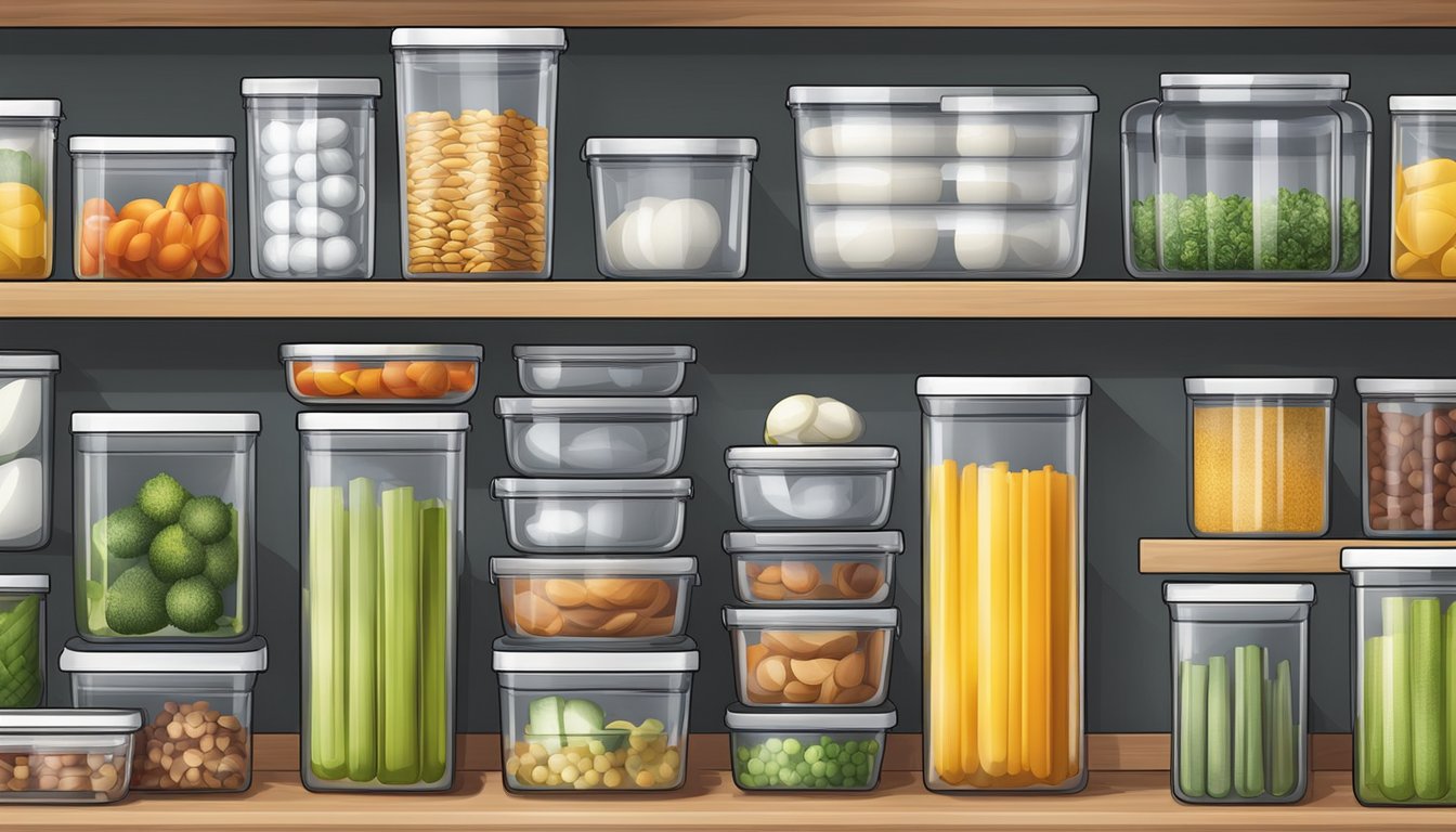 Airtight food storage containers stacked neatly on a kitchen shelf