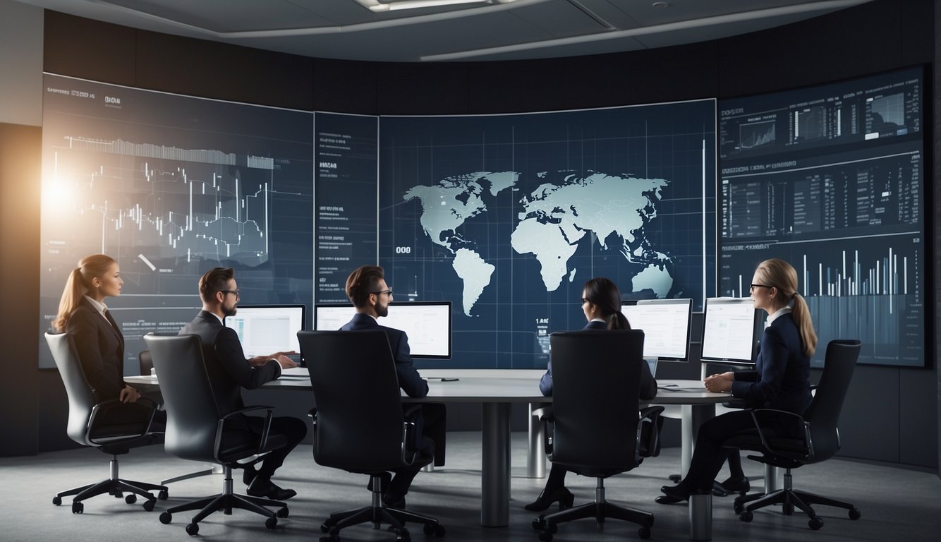 Team members discussing and analyzing performance data in a collaborative meeting room, with charts and graphs displayed on a large screen