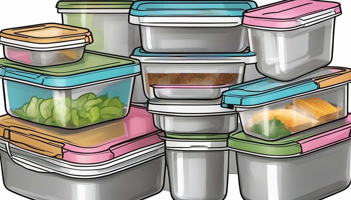 Airtight food storage containers seal tightly with secure lids to keep food fresh and prevent leaks. Labels indicate contents