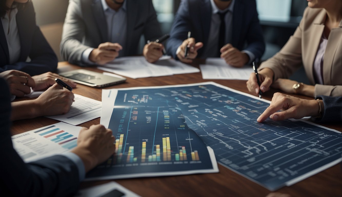 A group of people gathered around a table, discussing and analyzing a recent event. Charts and graphs are displayed, showing data and trends