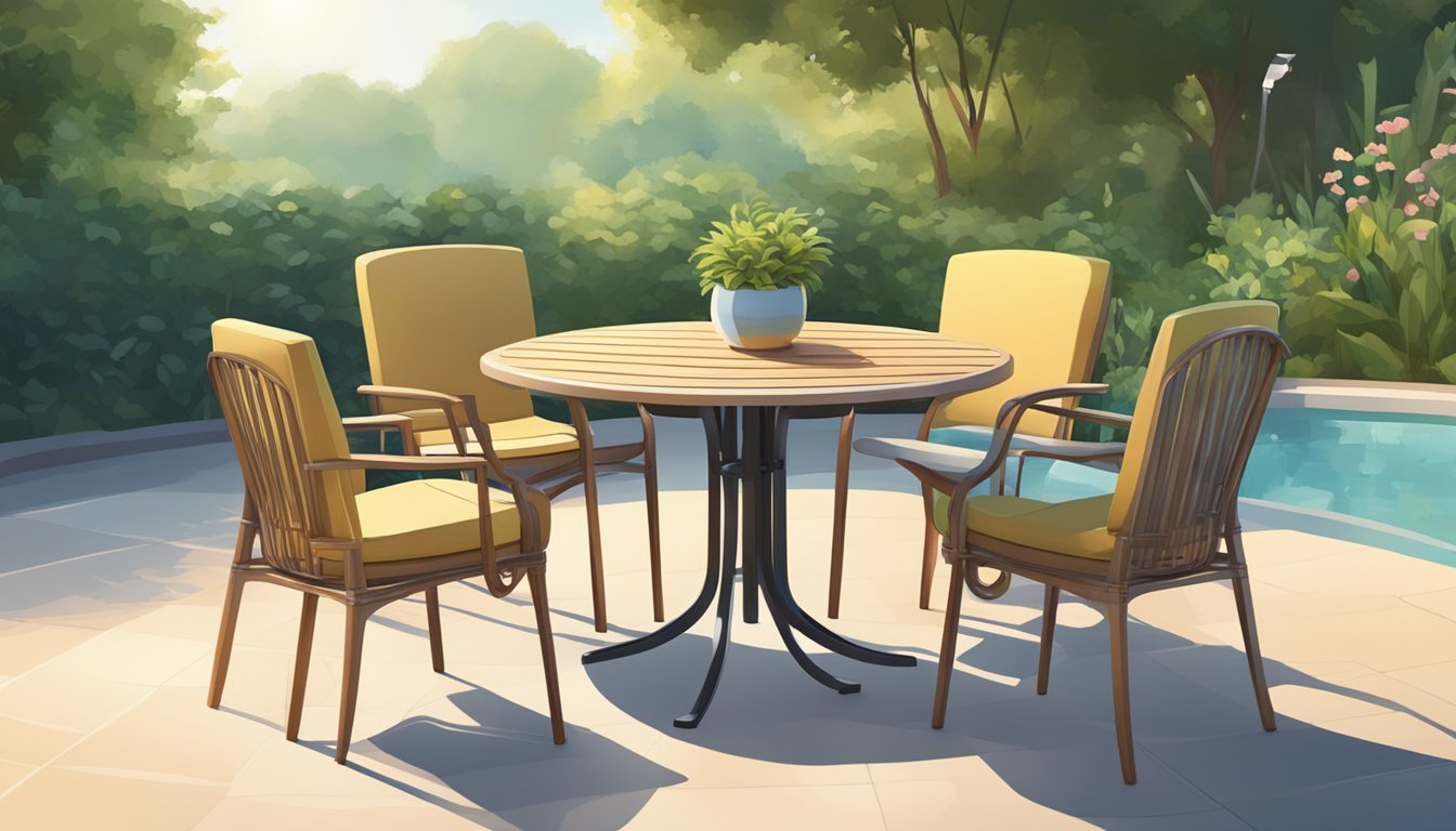 A round outdoor table with four chairs, surrounded by greenery and bathed in warm sunlight