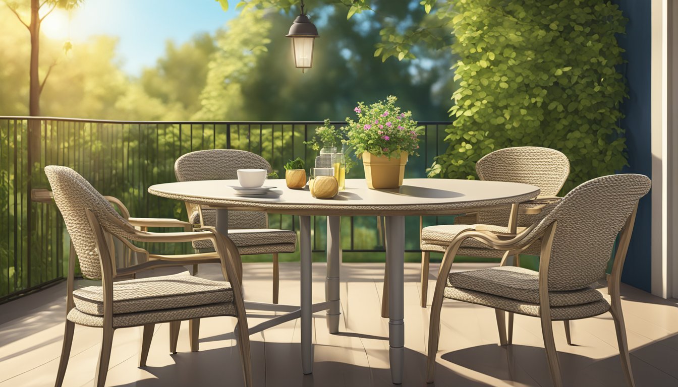 A set of outdoor table chairs arranged on a patio, surrounded by lush greenery and bathed in warm sunlight