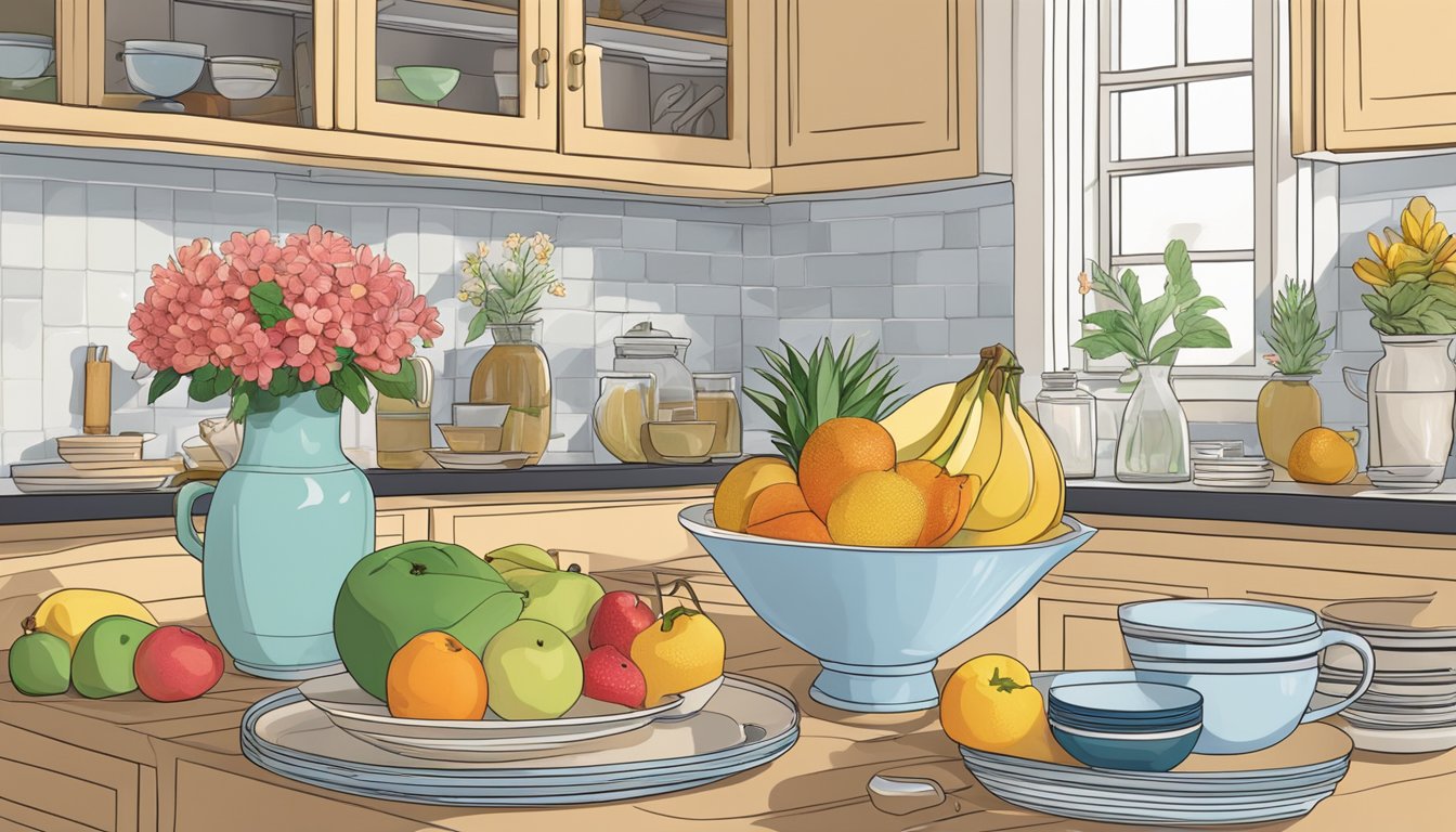 A cluttered kitchen sideboard with stacked dishes, a vase of flowers, and a bowl of fruit