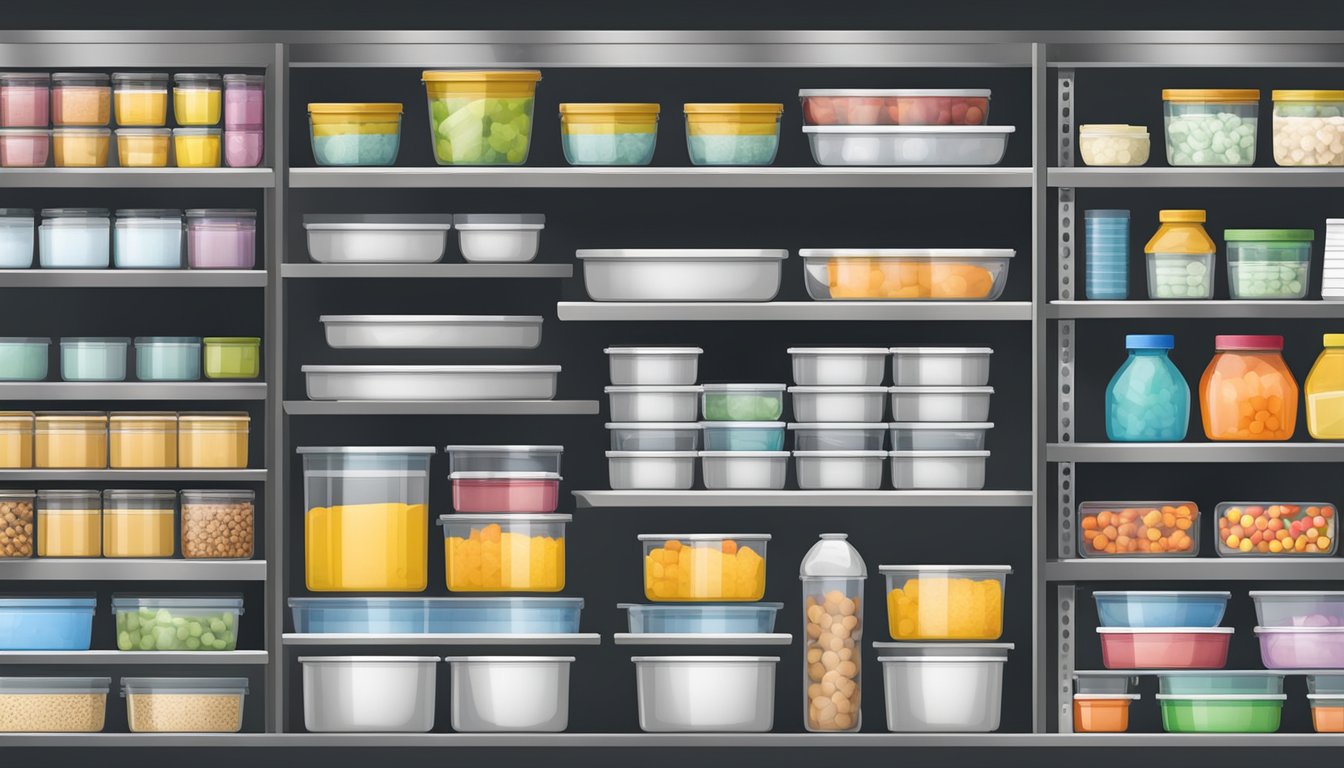 Airtight food storage containers neatly arranged on shelves with labeled contents for easy identification and retrieval