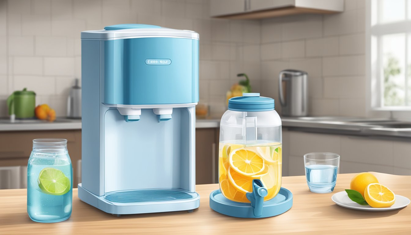 A plastic water dispenser sits on a table in a simple kitchen, with a clear glass filled with water next to it. The dispenser is labeled "cheap water dispenser singapore."