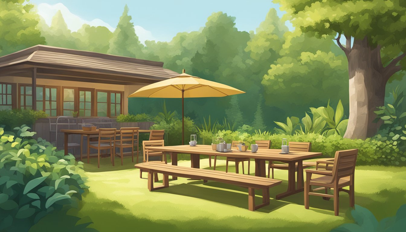 A cozy outdoor scene with a wooden table surrounded by chairs, set against a lush green backdrop