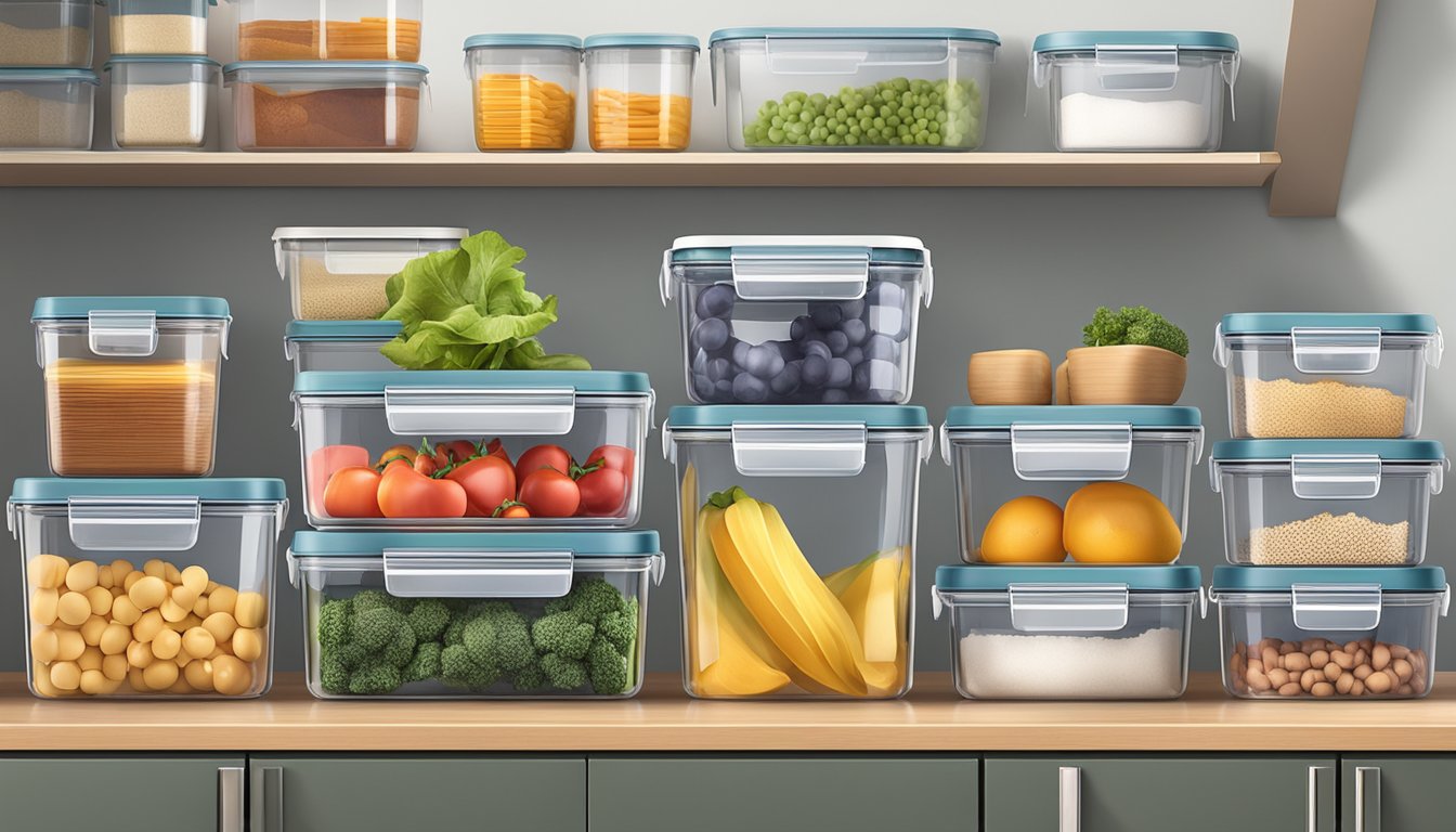 A stack of airtight food storage containers with labels, surrounded by various food items and a kitchen setting