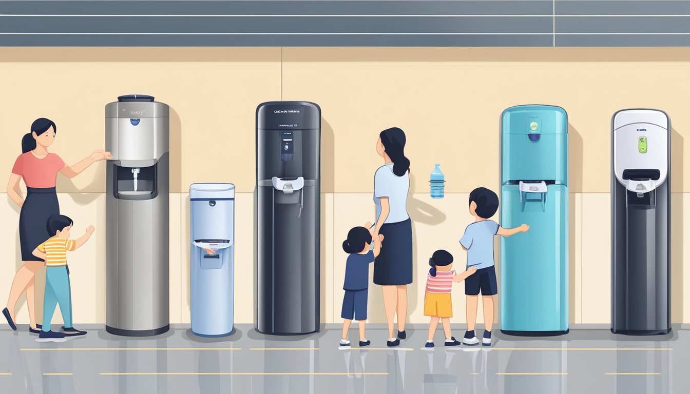 A family in Singapore selects a water dispenser from a variety of options, considering factors like price and size