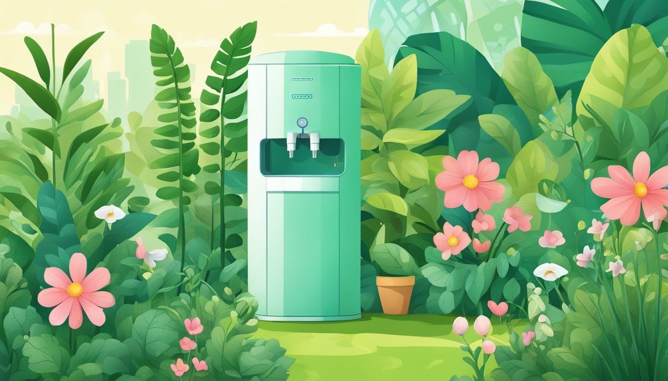 A lush green garden with a modern water dispenser surrounded by happy, healthy plants and wildlife, showcasing the environmental and health benefits of using a cheap water dispenser in Singapore