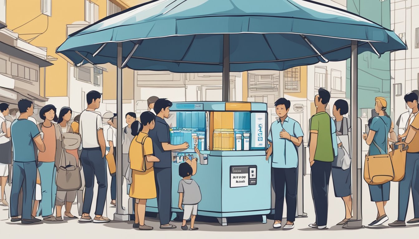 A water dispenser surrounded by curious customers with a sign displaying "Frequently Asked Questions" in a bustling Singapore market