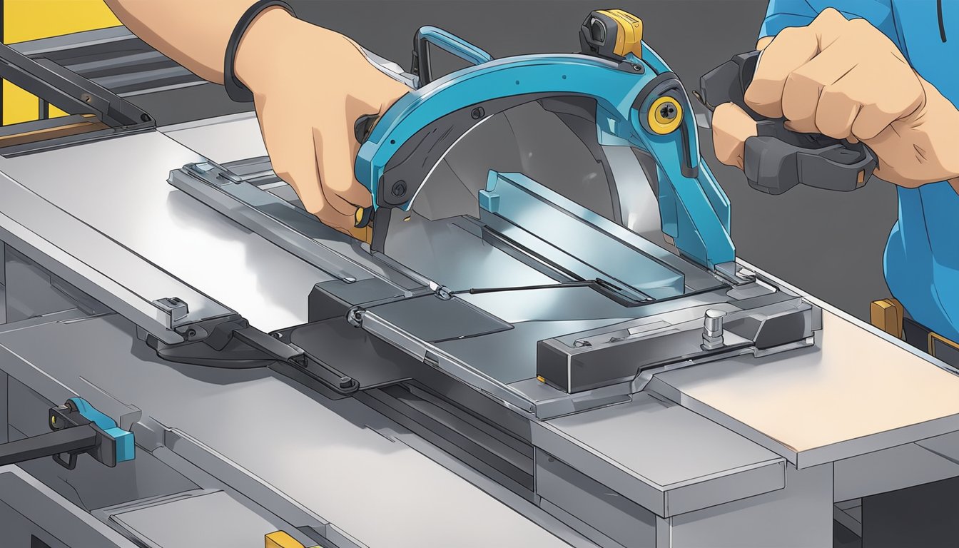 A table saw with a blade guard, push stick, and safety goggles. Clear instructions on how to safely attach and use accessories