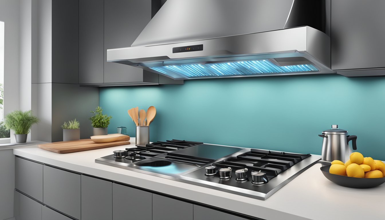 A sleek cooker hood mounted above a modern stovetop, with stainless steel finish and LED lighting