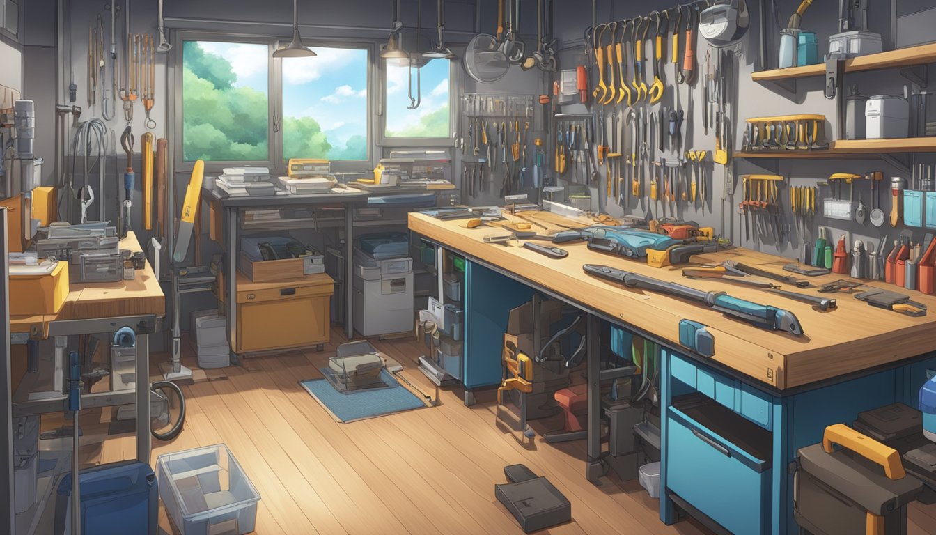 A workbench with various tools and attachments neatly organized, with clear labels and safety guidelines posted in the background